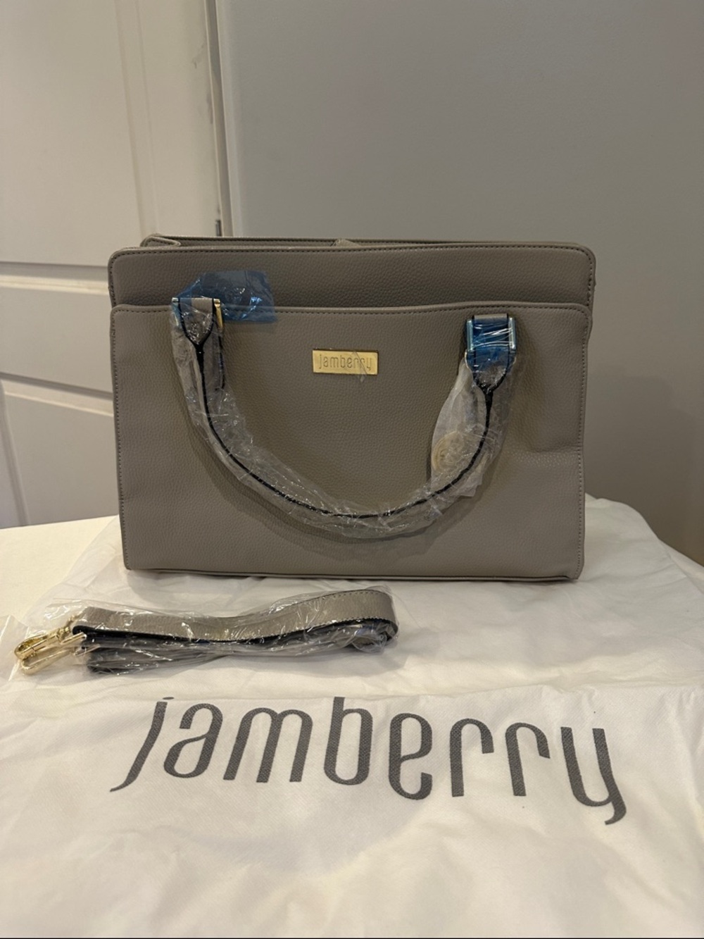 Jamberry Taupe Pebbled Satchel with Gold Plaque